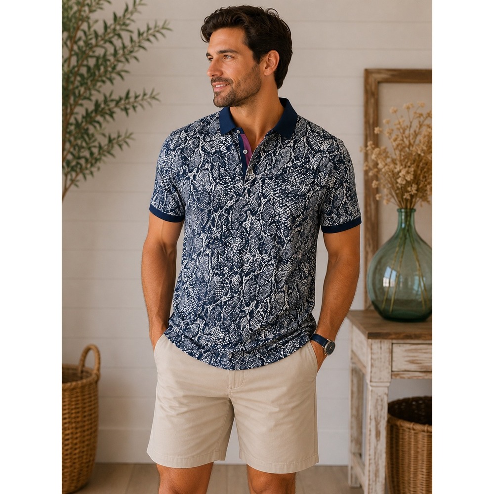 Greyson Clothiers Mens Blue Snakeskin Print Performance Golf Polo Shirt Large